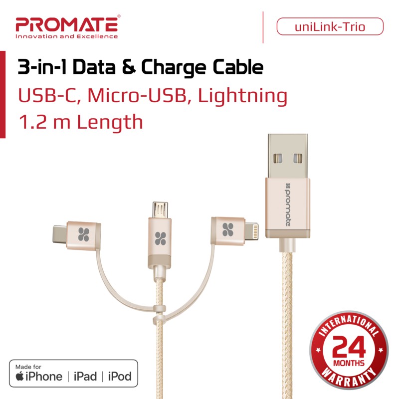 Promate Kabel Data Charger 3 in 1 USB Type C iPhone Micro - uniLink-Trio Lightning Charge Cable