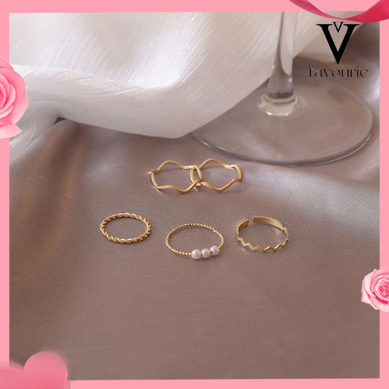 [COD]5 pcs Cincin Set Fashion Aksen Berlian Imitasi Mutiara Untuk Wanita-FA