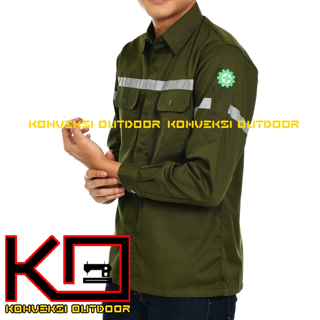 BAJU KEMEJA SAFETY WEARPACK K3 OUTDOOR PREMIUM LENGAN PANJANG - Seragam Proyek Pria Kerja Lapangan Bangunan Tambang Alat Berat PLN Enginer Instalasi Mesin Warepack Werpak Werpack Warepak Warpack Warpak Teknisi scotlet Warna Hijau Army Konveksi Outdoor