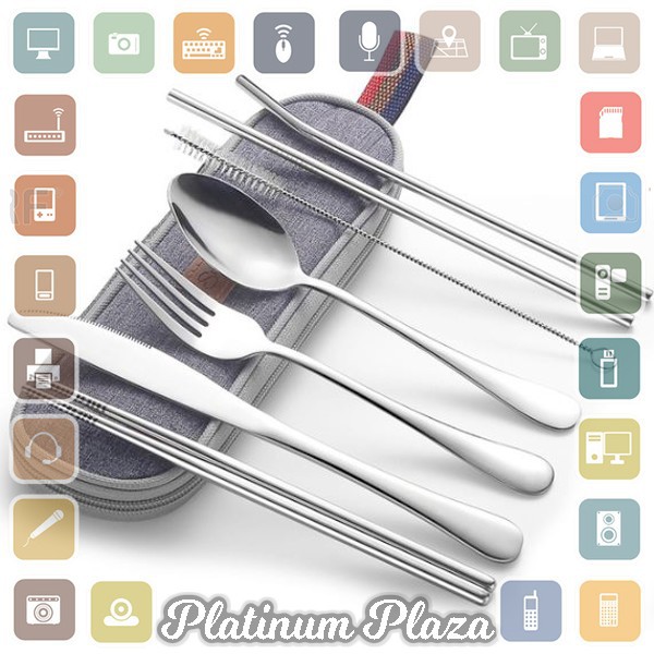 Knifezer Set Alat Makan Sendok Garpu Pisau Sumpit Sedotan Besi Japanese Style - EA02`3A474V-- Silver