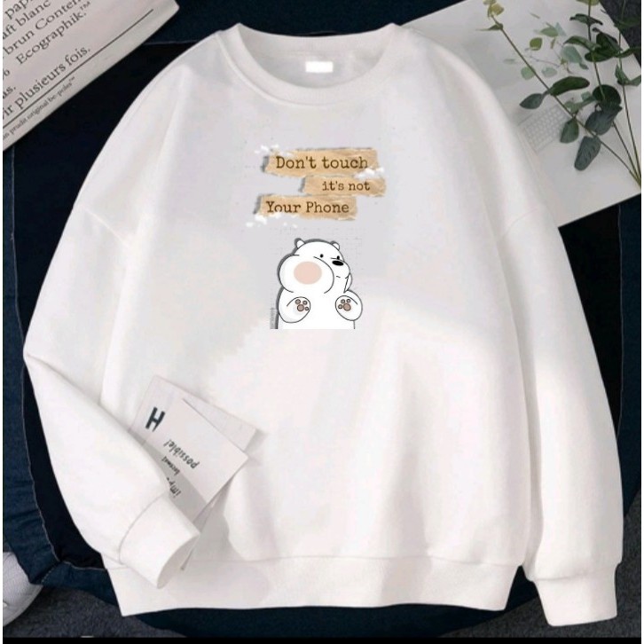 Jaket Sweater Crewneck Pria/Wanita Distro Putih Motif Panda Lucu Switer Crewneck Basic Tanpa Kupluk