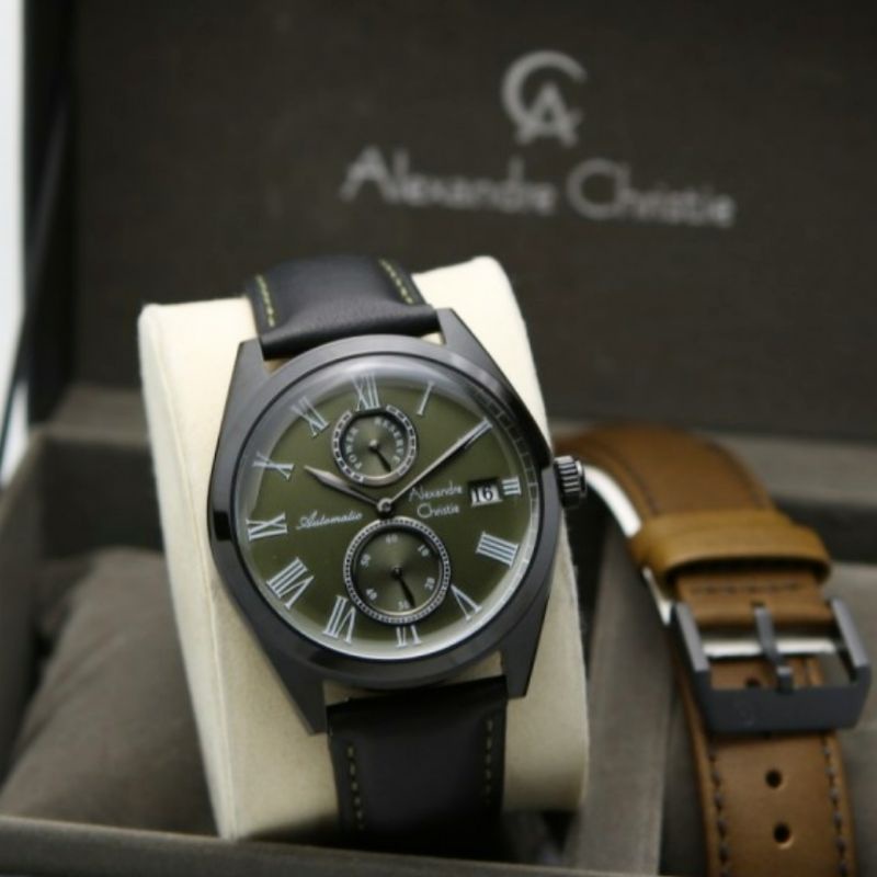 Alexandre Christie Original AC3040 Jam Tangan Pria Tali Kulit Hitam hijau + Tali