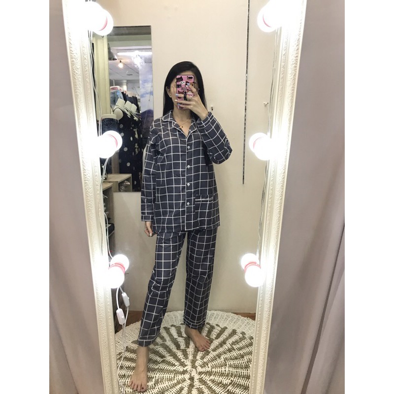 piyama/pajamas kotak&quot; PP katun abu murah.homewear/sleepwear/bajutidur cwe PP tartan grey kekinian