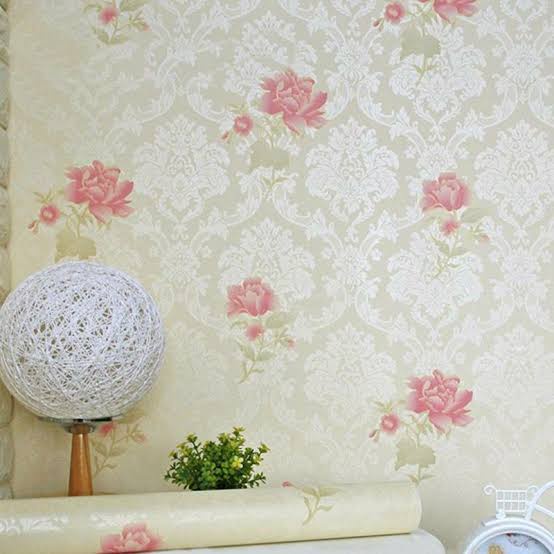 WALLPAPER DINDING PREMIUM CREAM MOTIF ROSE PINK