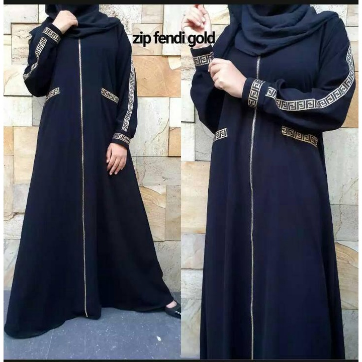Abaya Zip Fendi Gold Busui Full Resleting Depan Tangan Manset