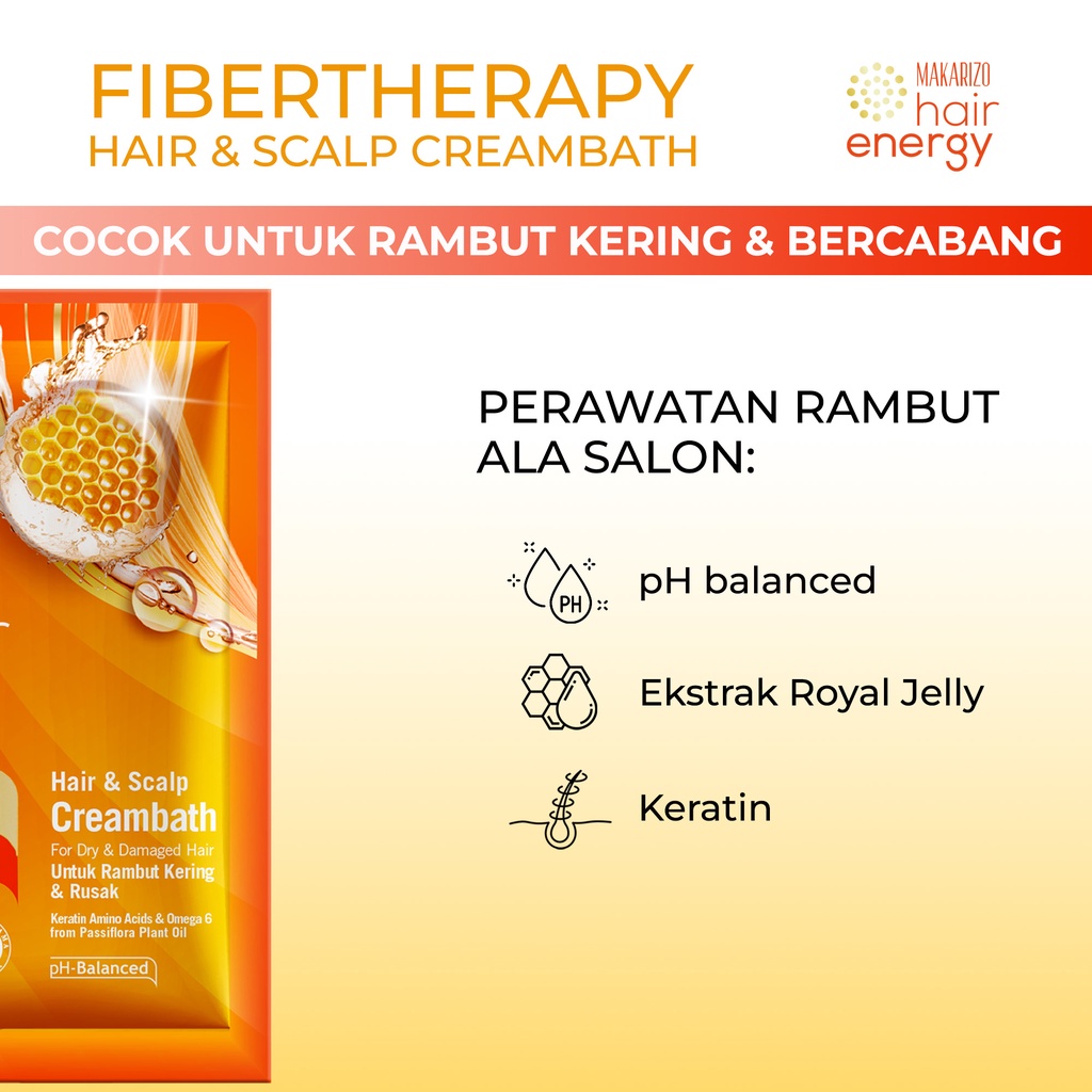 Makarizo Hair Energy Fibertherapy Hair &amp; Scalp Creambath Royal Jelly 30 mL / Perawatan Rambut Kering