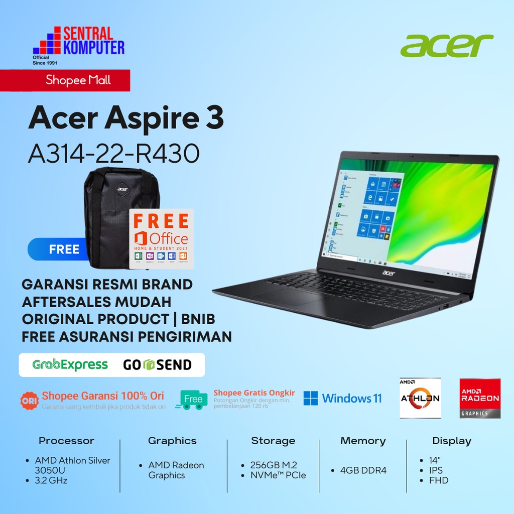 Acer Aspire 3 A314-22-R430-Athlon Silver A3050U-4GB-256GB-Win & OHS