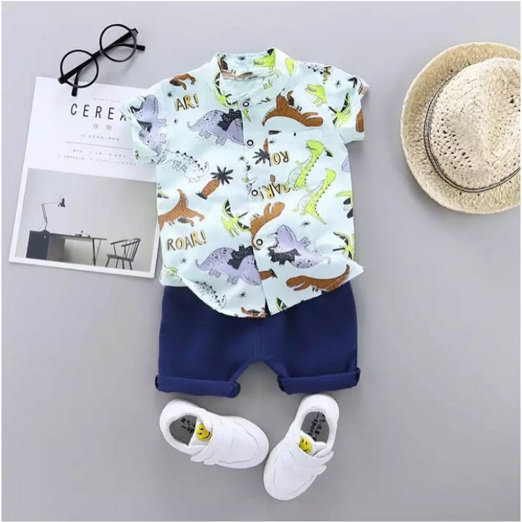 Baju setelan kemeja celana motif binatang lucu bestseller Baju setelan kemeja celana motif binatang lucu bestseller