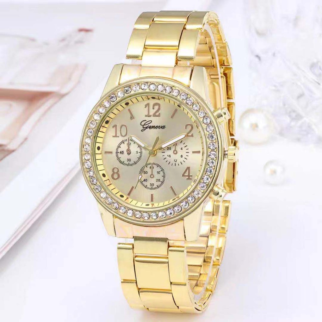 Jam Geneva Wanita Analog Diamond Fashion Casual Lady Wrist Watch Import / Jam Tangan Wanita Geneva-32-1 Gold