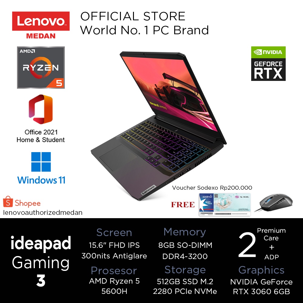 Lenovo IdeaPad Gaming 3 15ACH6 21ID, Amd R5-5600H/8GB/512GB/RTX3060 6GB/W11+OHS/4Zone RGB/ShadowBlac