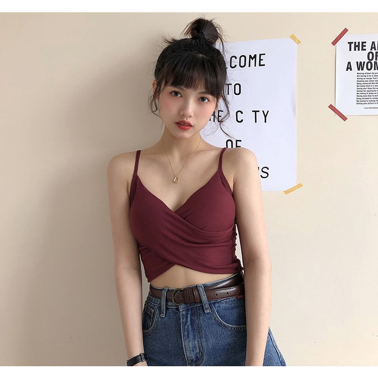 Tanktop 23 tank top cross twist pakaian crop top dalaman wanita korea v neck atasan cewek-Merah