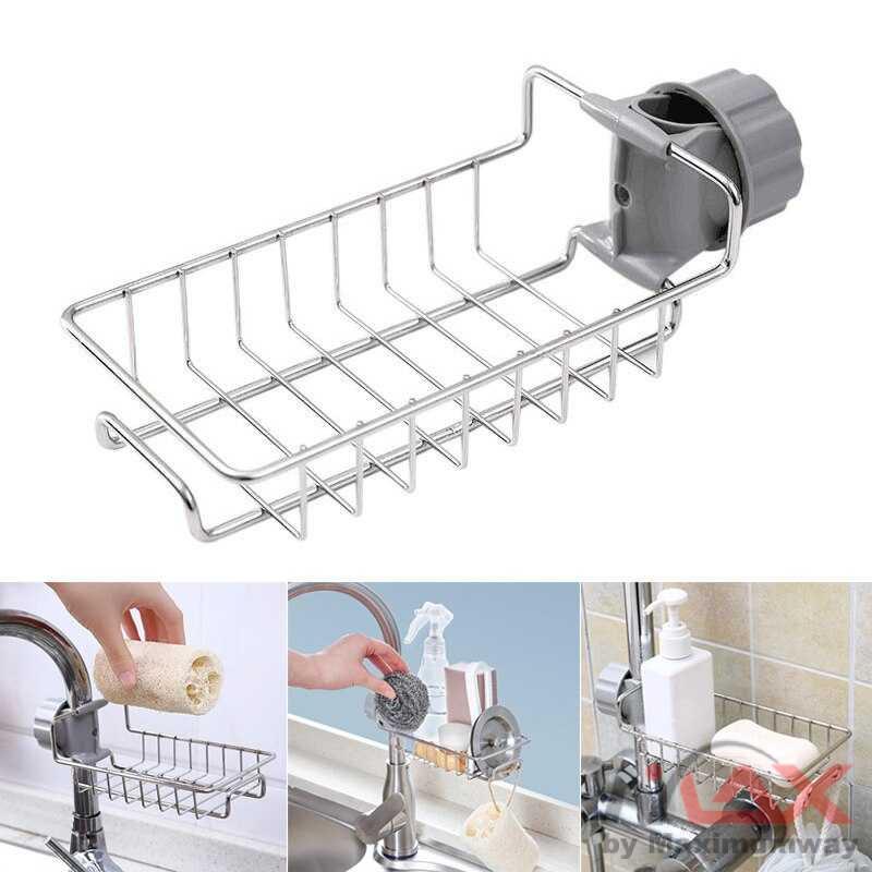 Rak sabun cuci piring Rak Gantungan Barang Keran Air Peralatan Dapur Sabun tempat spons cucian piring cantelan spons dan sabun cuci piring Stainless Steel Faucet Penyimpanan Rak Disesuaikan Wastafel Kain Spons Pengeringan Rak Dapur Kamar Mandi Sabun