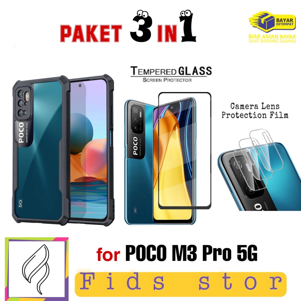 PROMO 3in1 CASE SHOCKPROOF + TEMEPERED GLASS FULL COVER BLACK +LENS CAMERA For Xiaomi POCO M3 Pro 5G