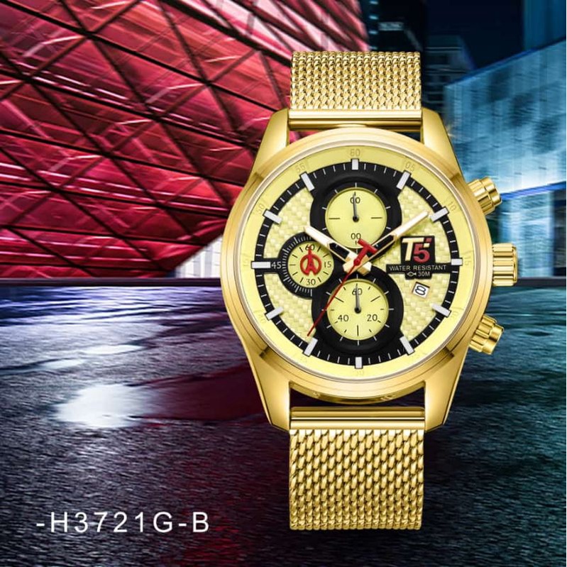 T5 H 3721G Original Jam Tangan T5 Original Chronograph Rantai Pasir Tanggal Aktif Free Box Paper Bag