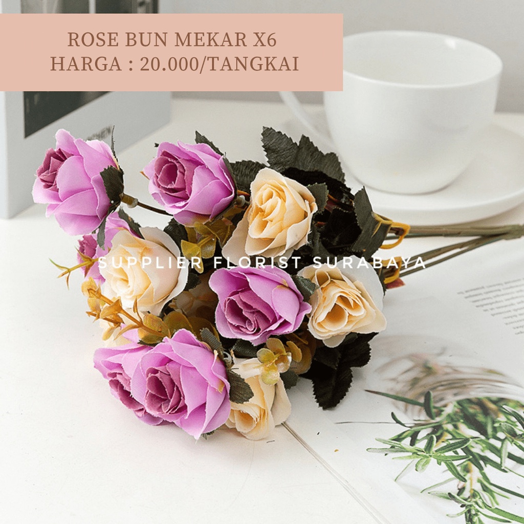 ROSE BUN MEKAR 1 TANGKAI CABANG 6 @2KEPALA, TOTAL 12 KEPALA BUNGA PALSU ARTIFICIAL FLOWER BUNGA MAINAN DIY FLORIST