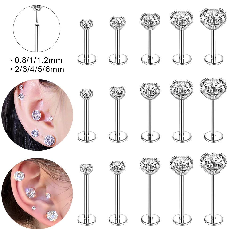 1pc Anting Stud Tindik Bibir Labret Kristal Bahan Stainless Steel Ukuran 0.8 / 1 / 1.2mm