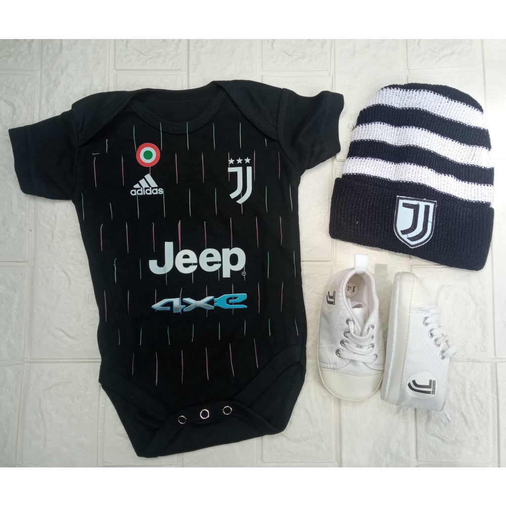 Romper Jumper Suit bola bayi anak Juve Away 2021 2022 + Sepatu + Kupluk