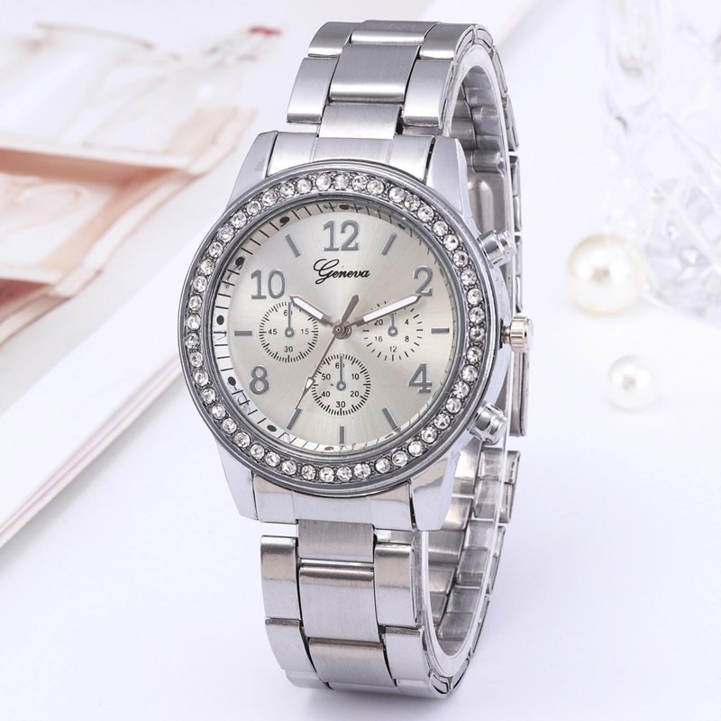 Jam Geneva Wanita Analog Diamond Fashion Casual Lady Wrist Watch Import-Silver