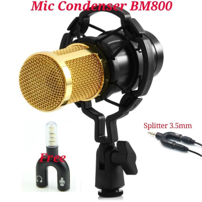 Microphone Condenser BM800 Free Jack Audio Splitter 3.5mm Mic BM 800