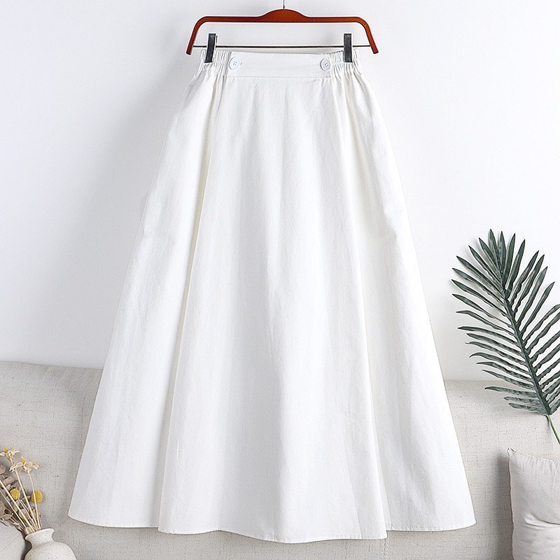 SKIRT PANJANG KOREA - NATHAS SKIRT POLOS LINEN SIZE BESAR KANCING KERUT - BAWAHAN WANITA JUMBO<-White