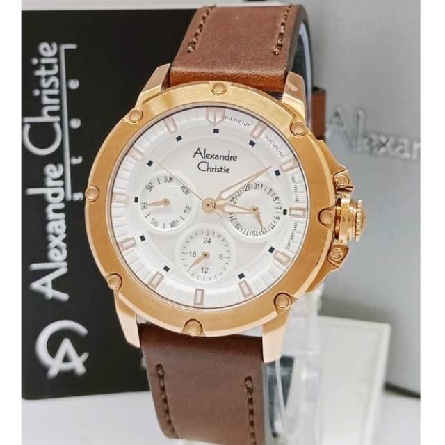 Jam Wanita AC Alexandre CHristie 6416 Leather Brown Rosegold Original.
