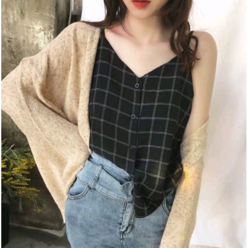 Q526 - Tank Top Wanita Korea Kotak / Tanktop Kotak-Kotak / Tank Top Tali Tipis / Tank Top Korea / Ta