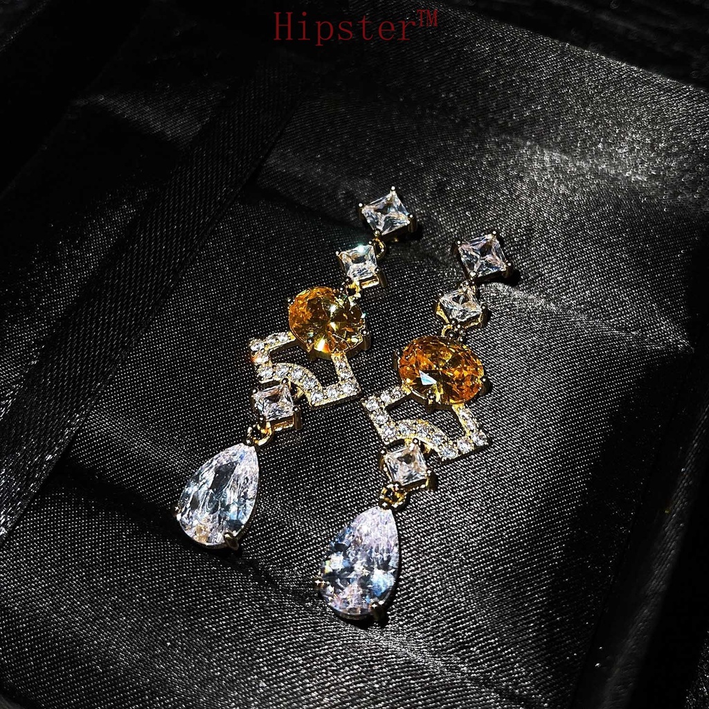 New S925 Silver Exaggerated Micro Inlaid with Diamond Blue Long Dress Gem Fan Temperamental Earrings