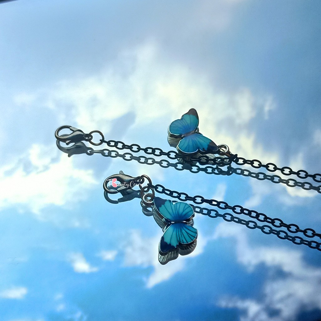 Kalung Rantai Silver Liontin Kupu Warna Biru Aesthetic /Aksesoris kalung Korea Butterfly