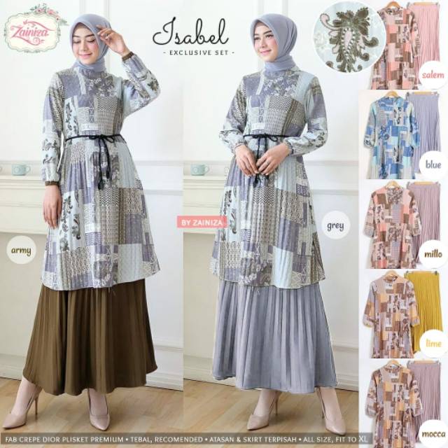 Neww Isabel exclusive setelan tunik motif etnik bangkok dan rok plisket polos