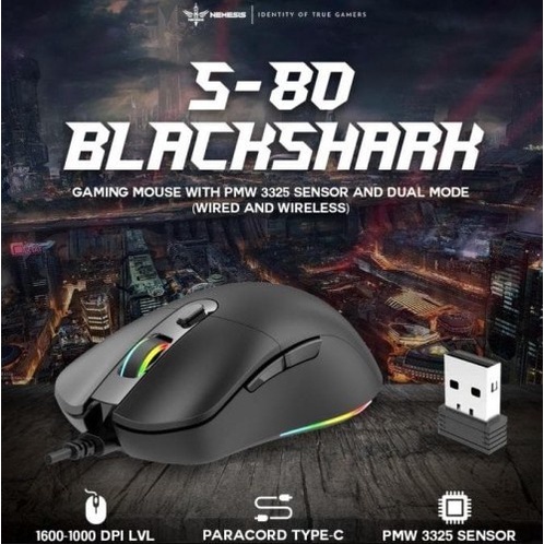 Mouse NYK Nemesis S-80 S80 Black Shark RGB - Gaming - Dual Mode Mouse