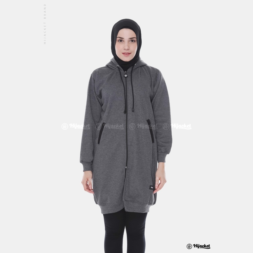 Hijacket Basic jaket hijab wanita Muslim Syari panjang polos tebal (COD bayar di rumah)-HJ8 Dark grey Black