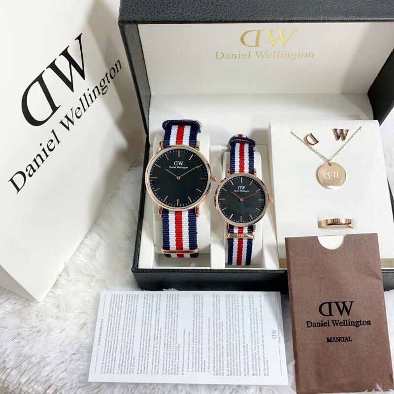 JAM TANGAN COUPLE/PASANGAN DW TALI CANVAS PAKET FREE SET KALUNG ANTING CINCIN SEMI SUPER