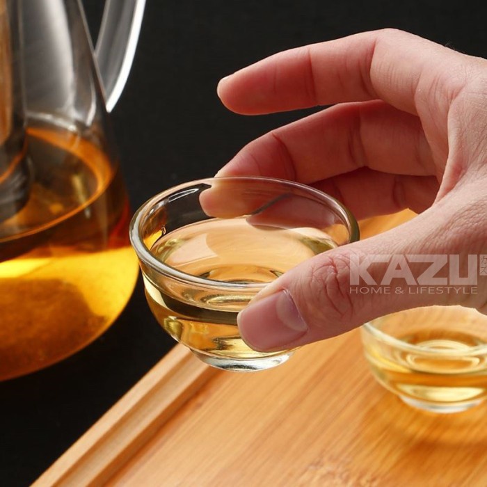 misi- CHINESE TEA CUP MINI 30ML GLASS TATAKAN GELAS BAMBU GELAS KACA SLOKI