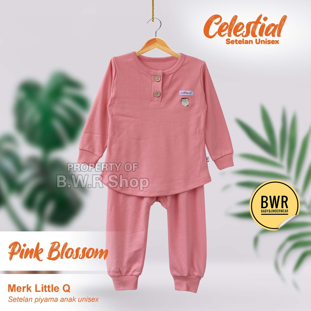 Setelan Little Q PANJANG ( Seri A ) Celestial Piyama Anak Unisex Kancing Dada Warna Polos | Bwr