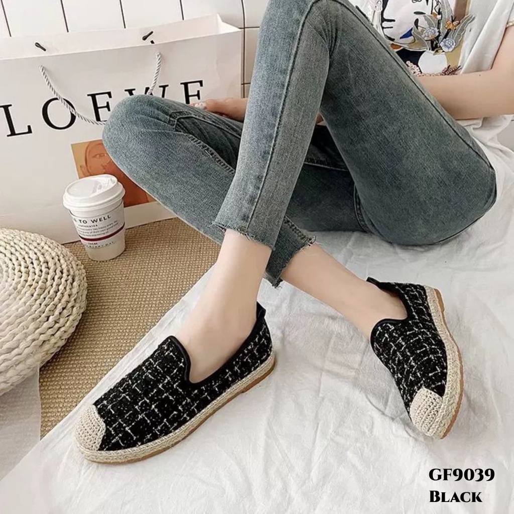 RESTOCK WYN SEPATU FLAT SHOES LINEN CLOTH PLAID ROUND GF9039