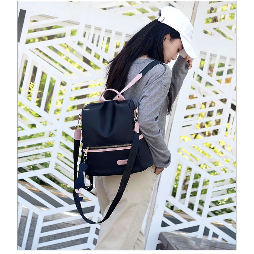 TAS RANSEL ANTI AIR WANITA TA126B5 HITAM PINK MOTIF KUCING STEIN KOREA BACKPACK KULIAH SEKOLAH KERJA