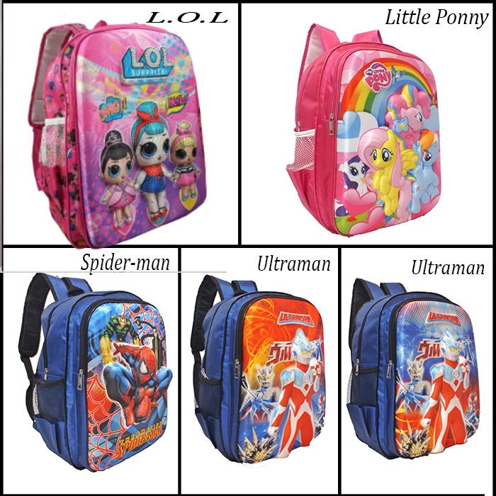 PROMO TAS RANSEL SEKOLAH ANAK SD/TK EMBOSS KARAKTER LITTLE PONY/SPIDERMAN/LOL/ULTRAMAN 8431