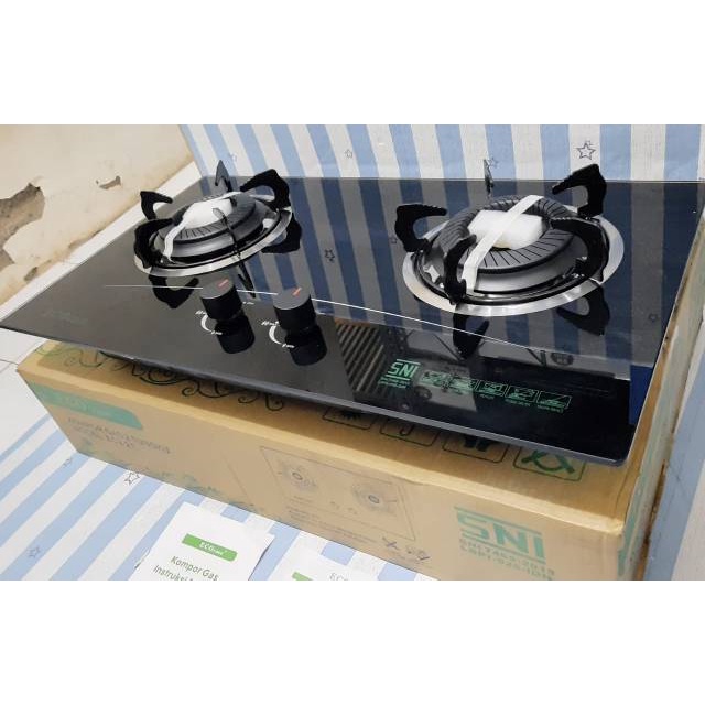 Eco Cook Kompor Gas Tanam 2 Tungku EC2-21 Kompor Gas Kaca Tebal 2in1 Model Black Setris