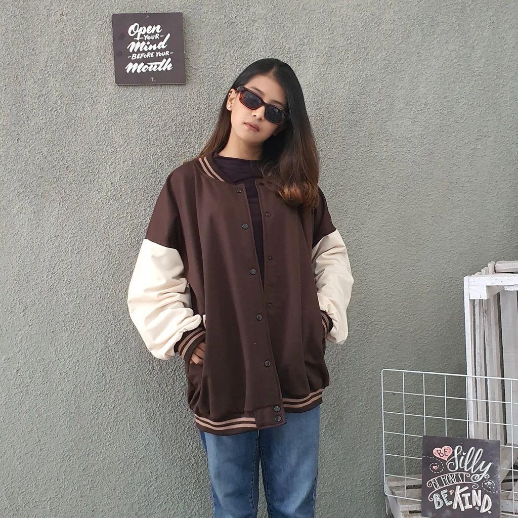 Jaket Baseball Wanita 3XL Classie Oversize Fleece Premium Lengan Panjang Sporty Sweater