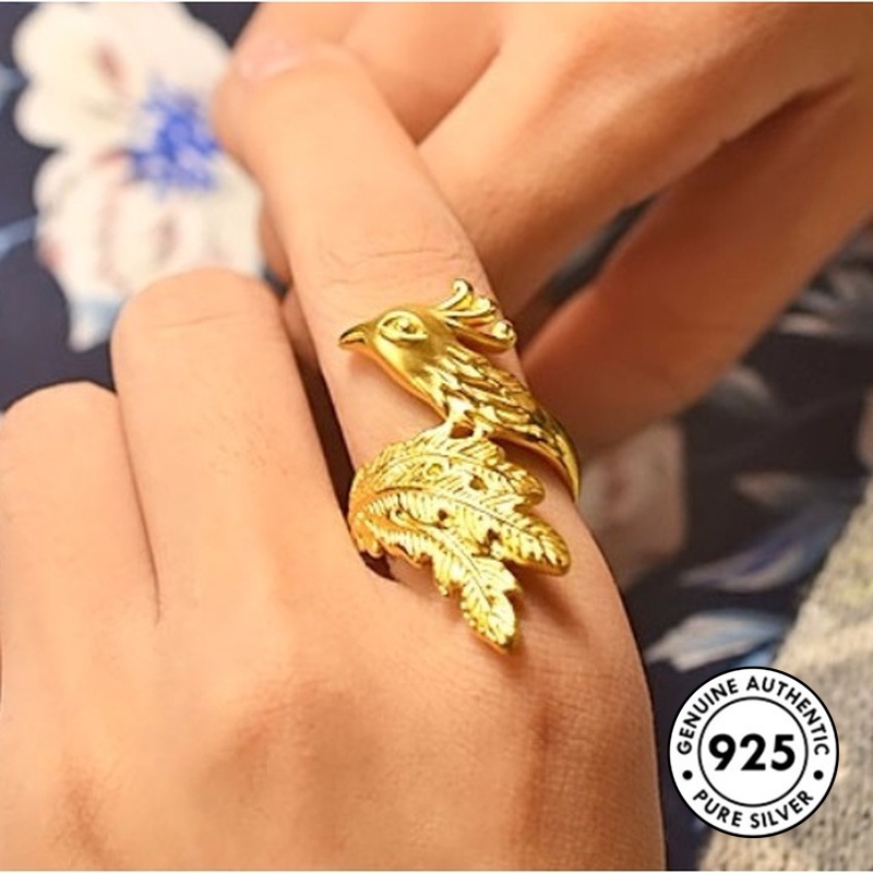 Cincin Model Terbuka Desain Phoenix Lapis Emas Bahan S925 Silver