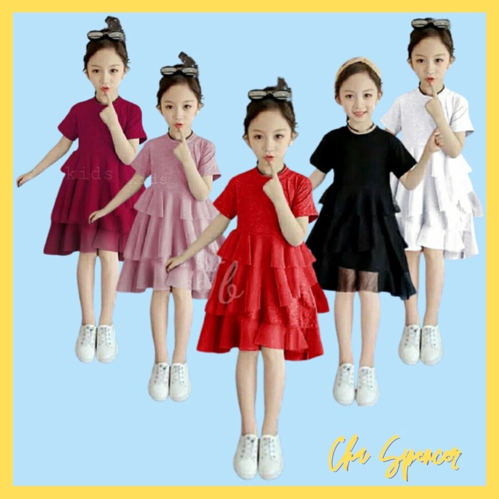 Baju Dress Brukat Susun Tile Lely Kid Anak Perempuan Cewek Umur 6 7 8 Tahun Mewah Modern Murah Trend