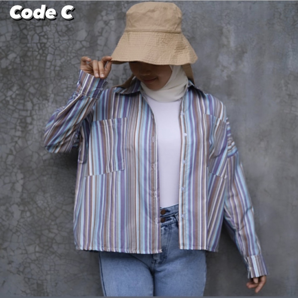 BEFAST - ZEC OOTD Wanita Kemeja NARICA / Picato Oversize Candy Cute Shirt / Pakaian Kemeja Salur / Kemeja Garis-Garis / Kem Lengan Panjang / Fashion Casual Wanita / Terbaru 2022 / Kemeja Bisa Di Jadikan Outer