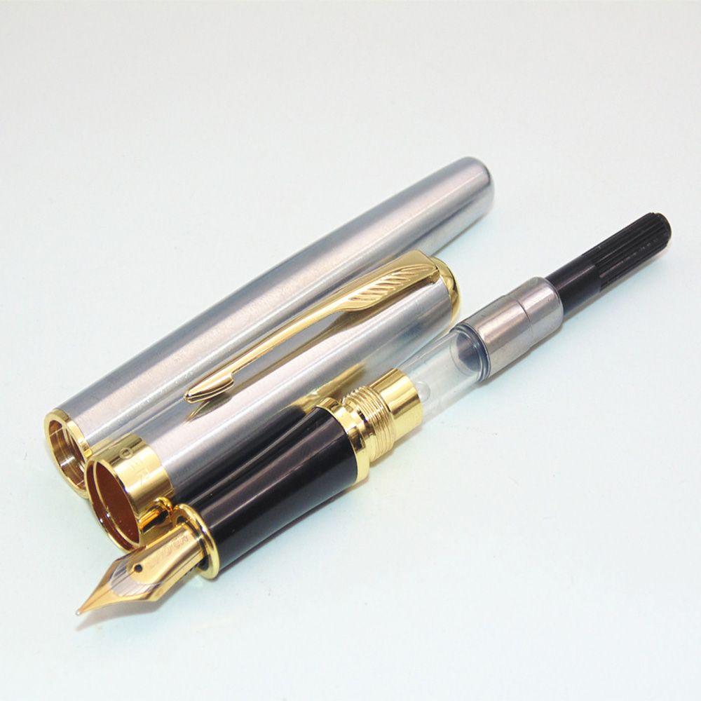 ELEGANT Classic Fountain Pen Medium Trim M Writing Supplies Silver Stainless Steel Business Golden Nib/Multicolor