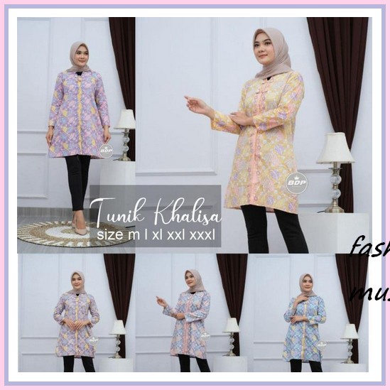 Tunik Midi Lidi Curly Baju Batik Wanita Tunik Batik Soft Motif Daun Kancing Depan