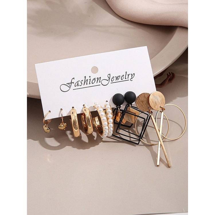 5 Pasang / Set Anting Stud Bentuk Kupu-Kupu Lingkaran Aksen Mutiara Warna Emas Gaya Retro Korea Untuk Wanita