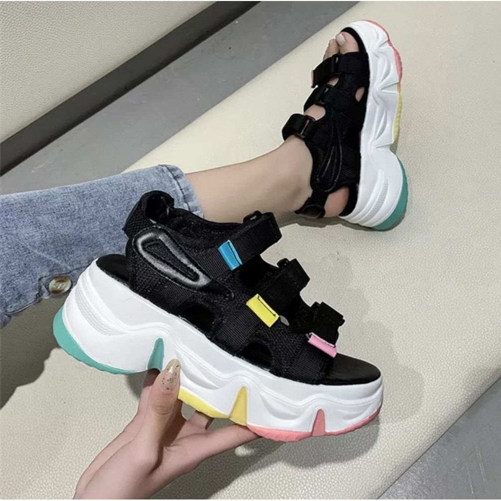 Rainbow Jelly Sandal Slip Wanita Sole Wedges Model terbaru Empuk Anti Slip Casual Trendy