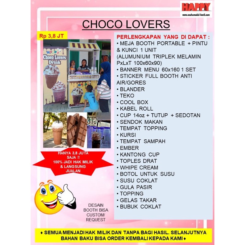 

PAKET USAHA FRANCHISE MINUMAN CHOCO LOVERS COKELAT ENAK ASLI SEGAR GEROBAK BOOTH PORTABLE KEMITRAAN