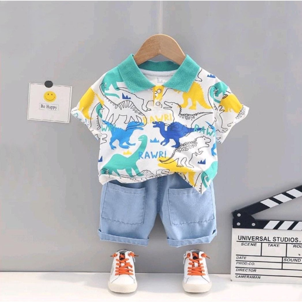 PROMO-SETELAN ANAK BAJU ANAK MOTIF POLO DINO DENIM - FASHION BAJU ANAK TERBARU LAKILAKI DAN PEREMPUAN USIA 6-10BLN 1-5THN - BAJU ANAK BAHAN KATUN CELANA PENDEK COMBED DENIM - BAHAN BAJU ADEM DAN SANGAT NYAMAN DIPAKAI SIBUAH HATI BERGAMBAR HEWAN LUCU