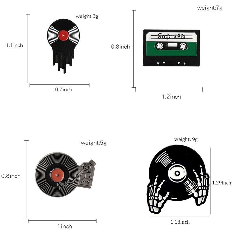 Rock Bros Pin Enamel Desain Kartun Tangan Tengkorak Vinyl Record Player Gaya Klasik Untuk Hadiah