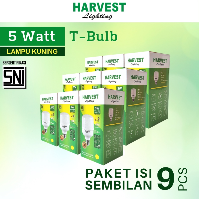 5W - Paket Isi 9 - HARVEST LIGHTING Lampu Kapsul LED T-Bulb 5 watt Lampu Hemat Energi Original Bersertifikat SNI dan Bergaransi